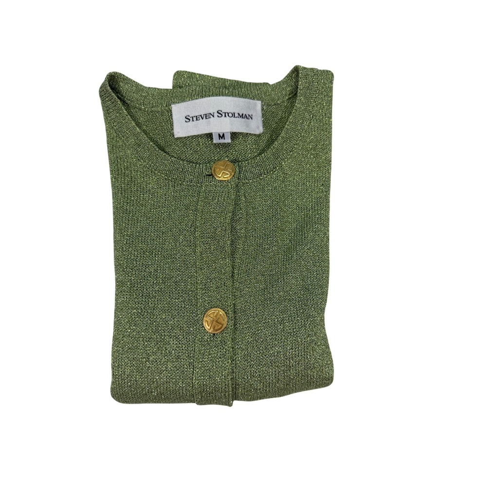 Steven Stolman‎ Green Metallic Lurex Cardigan Gold Button Medium USA Vintage - Picture 8 of 9